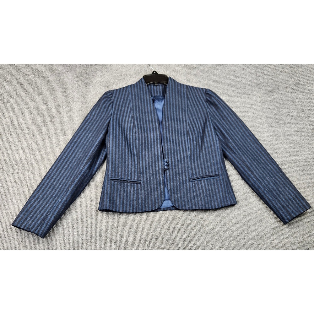 Navy Blue Black Striped Open Front Blazer Jacket Puff Shoulder Metallic Lined